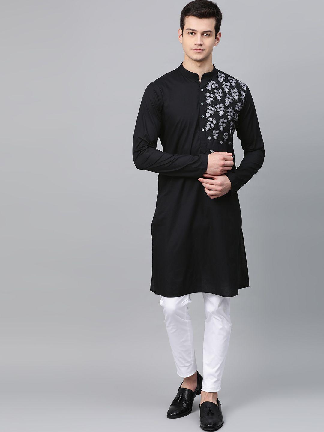 see designs men black printed kurta with churidar