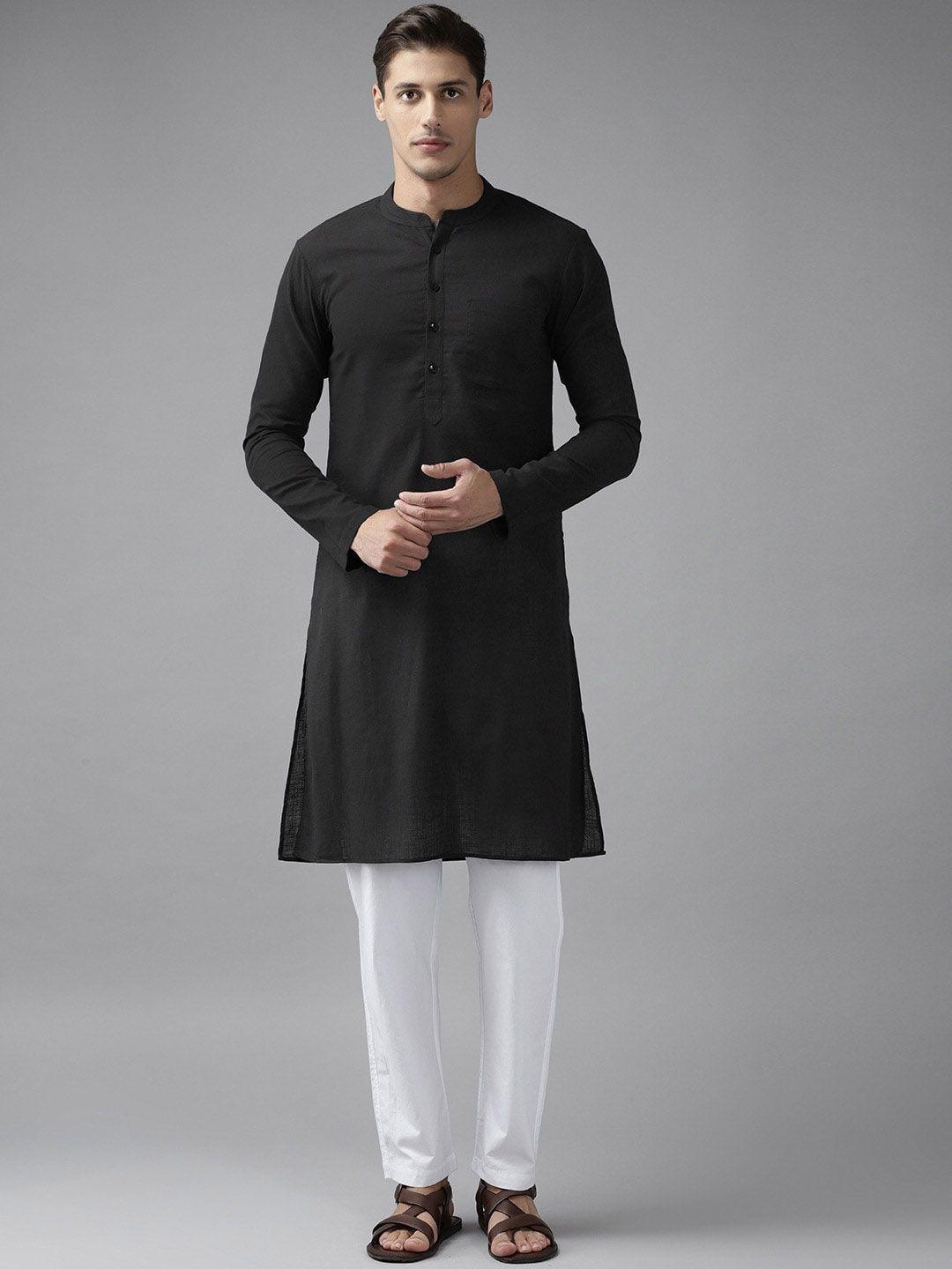 see designs men black slub effect cotton a-line kurta