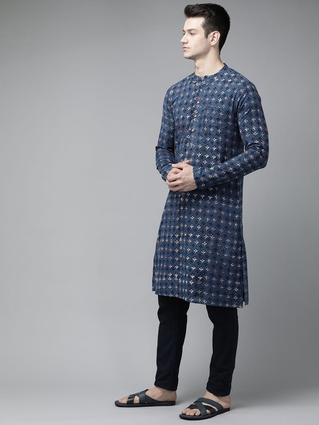 see designs men blue & black ethnic motifs printed indie prints handloom kurta