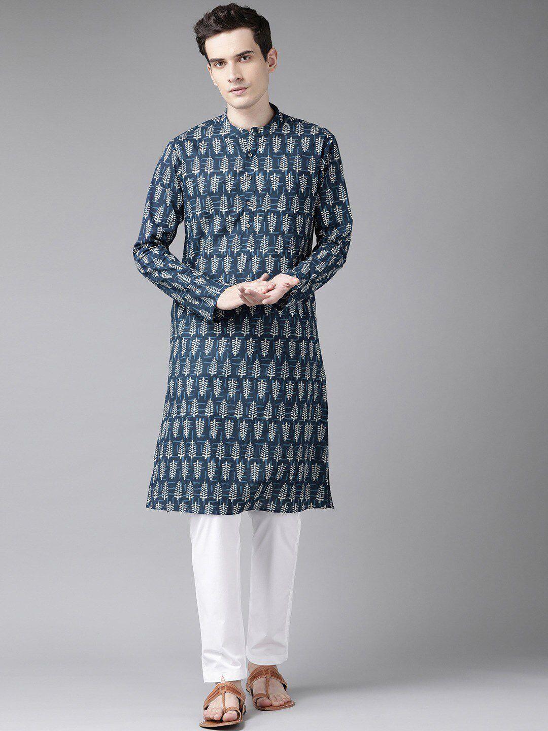 see designs men blue ethnic motifs printed pure cotton kurta with pyjamas