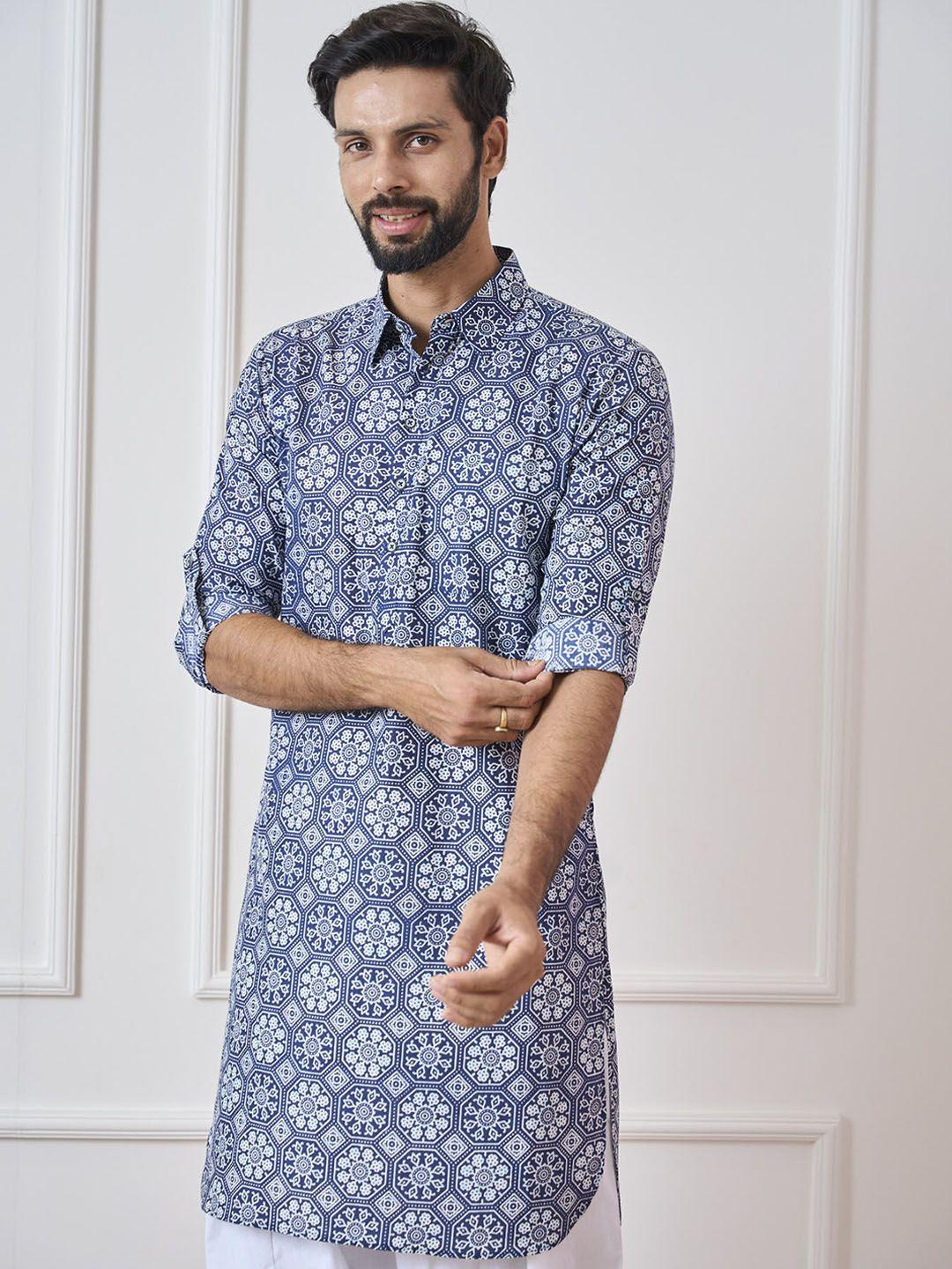 see designs men blue ethnic motifs printed regular pure cotton kurta with salwar