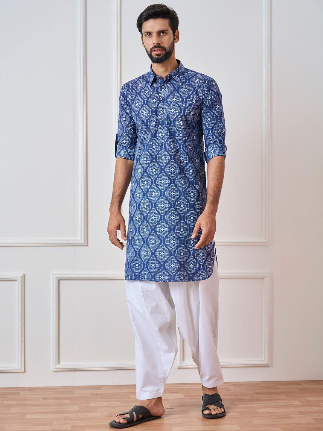 see designs men blue ethnic motifs printed regular pure cotton kurta with salwar