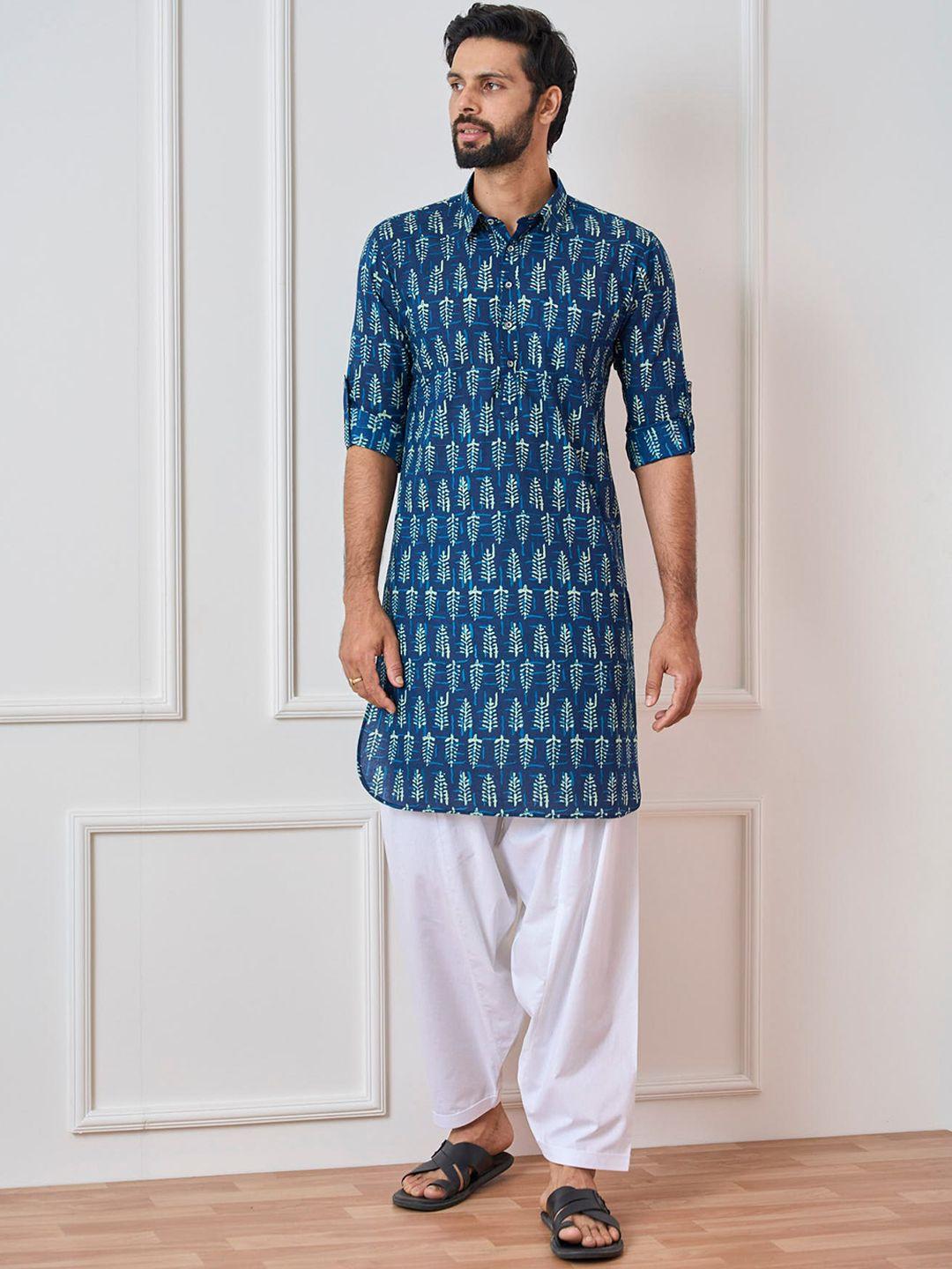 see designs men blue ethnic motifs printed regular pure cotton kurta with salwar