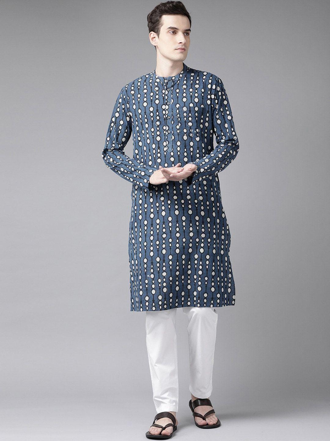 see designs men blue geometric printed kurta