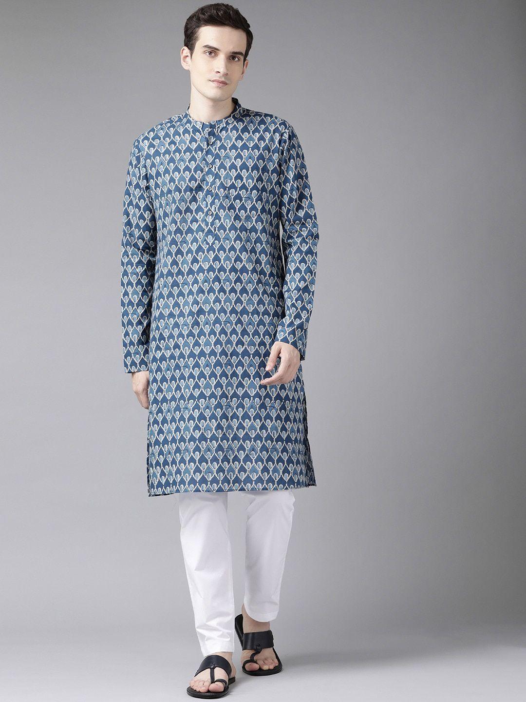 see designs men blue geometric printed kurta