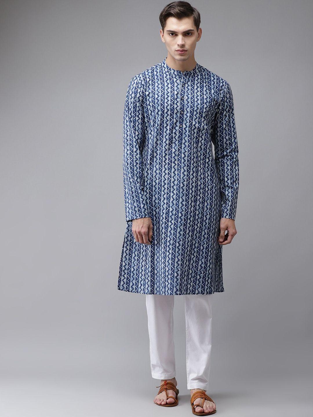 see designs men blue geometric printed thread work indigo kurta