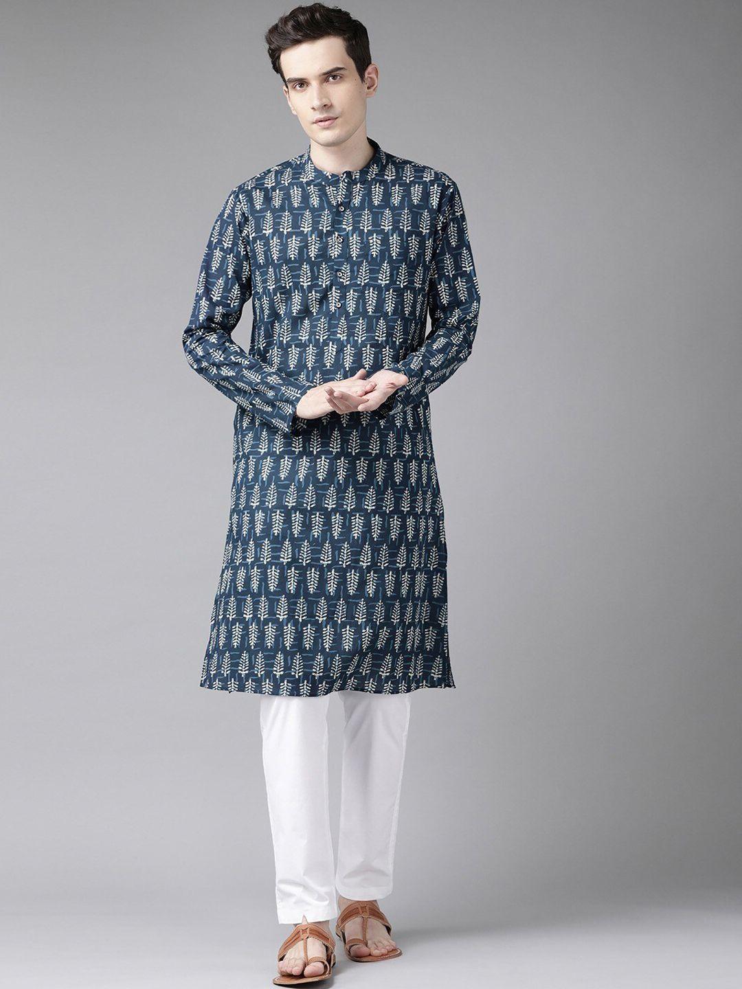 see designs men blue paisley printed straight kurta