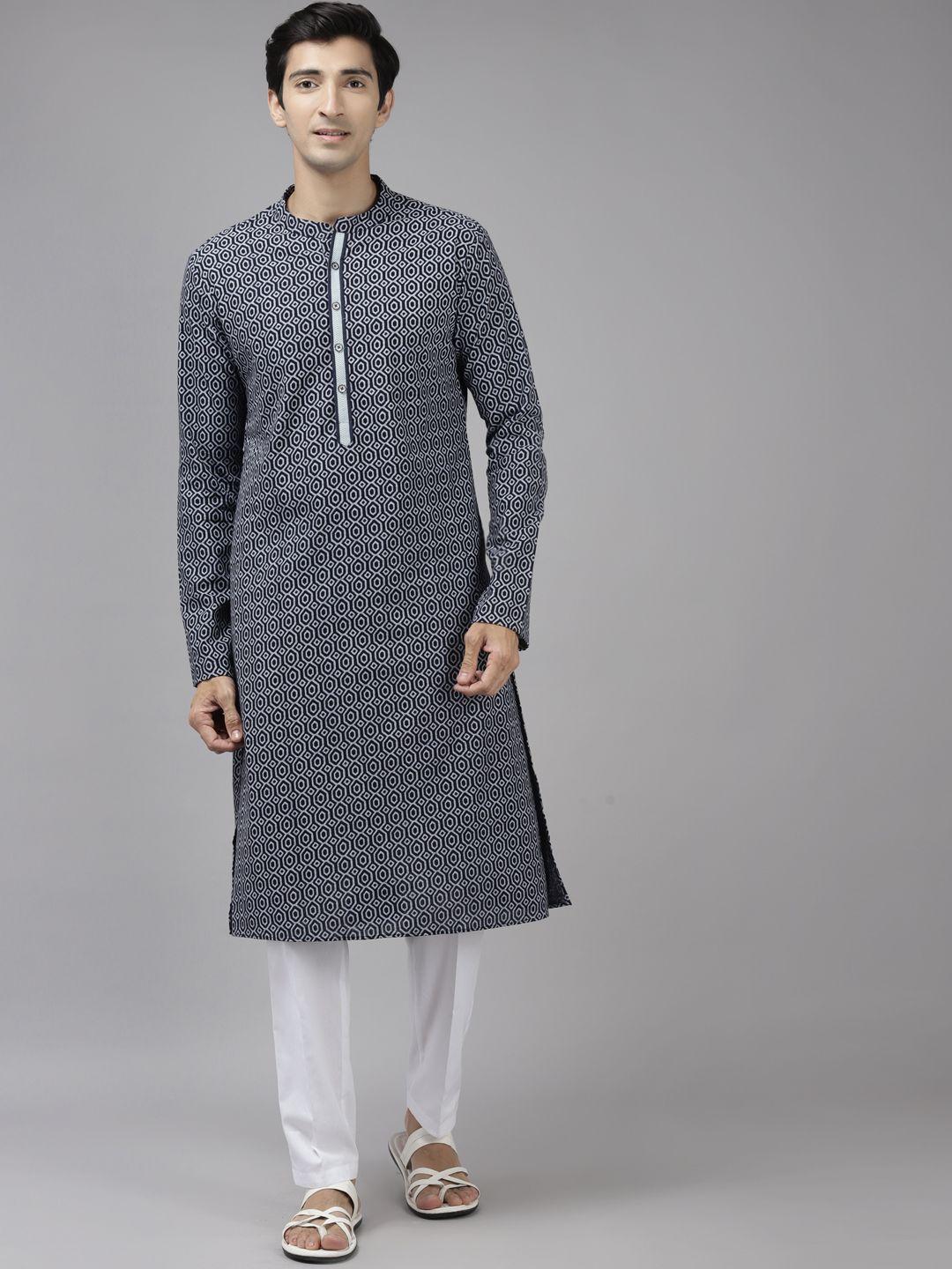 see designs men blue printed pure cotton indigo kurta with trousers