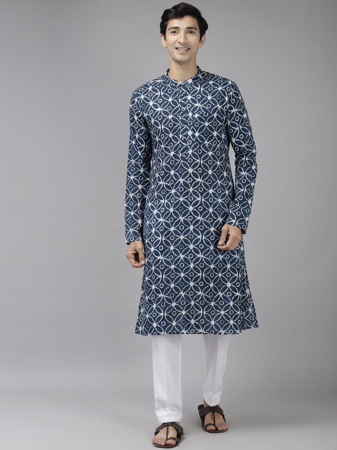 see designs men blue printed pure cotton indigo kurta with trousers