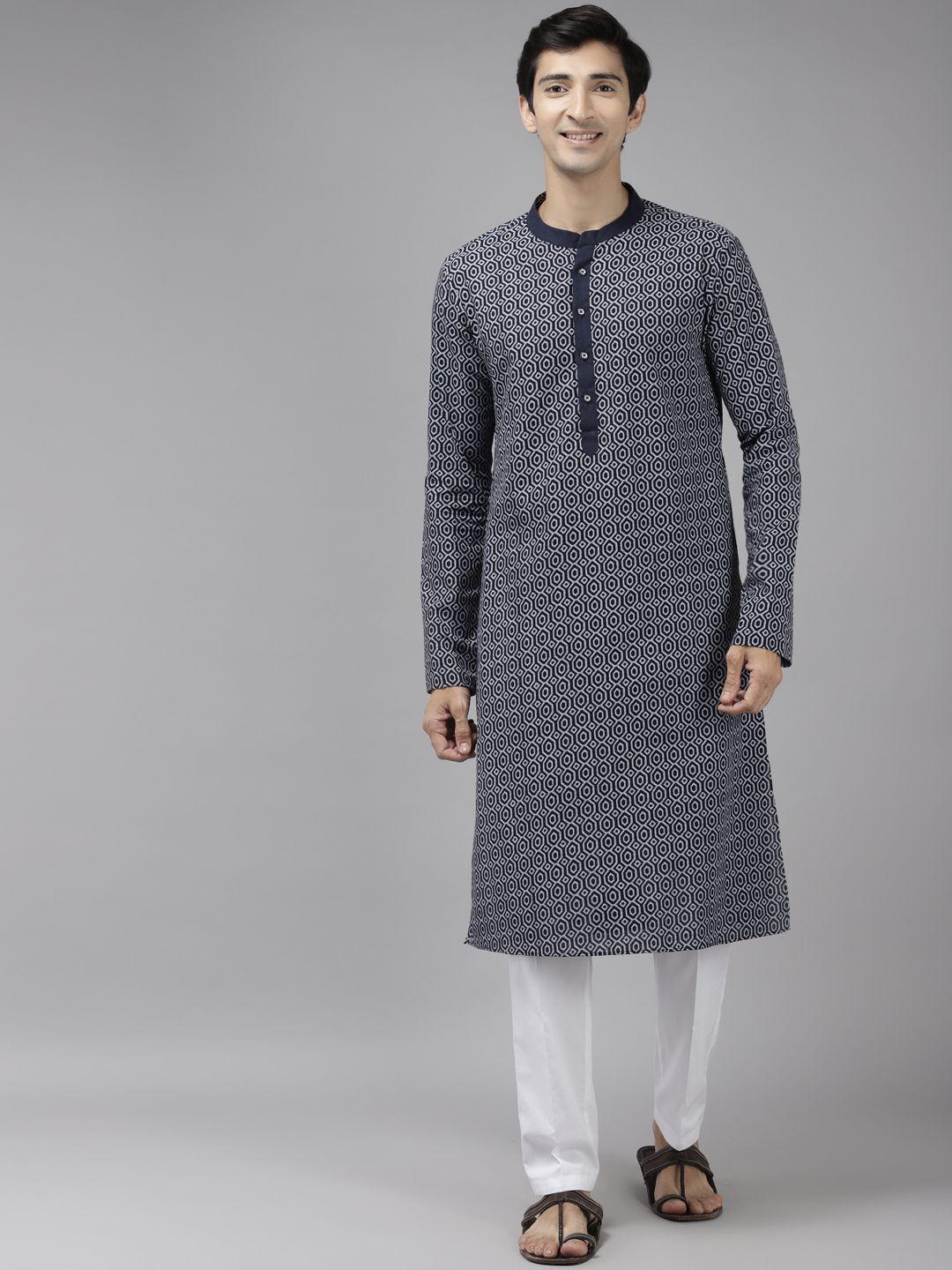 see designs men blue printed pure cotton indigo kurta with trousers