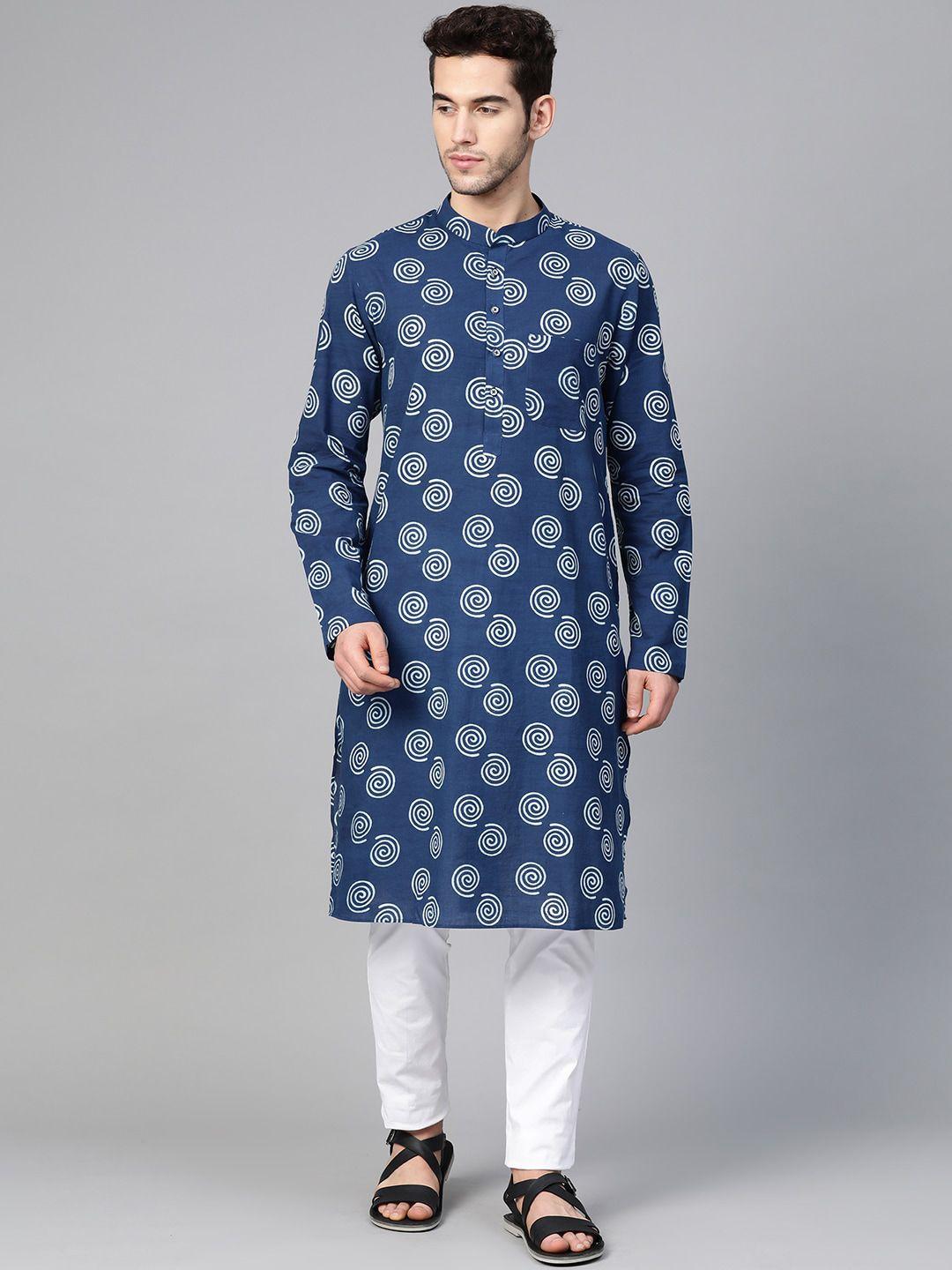 see designs men blue printed pure cotton kurta with pyjamas