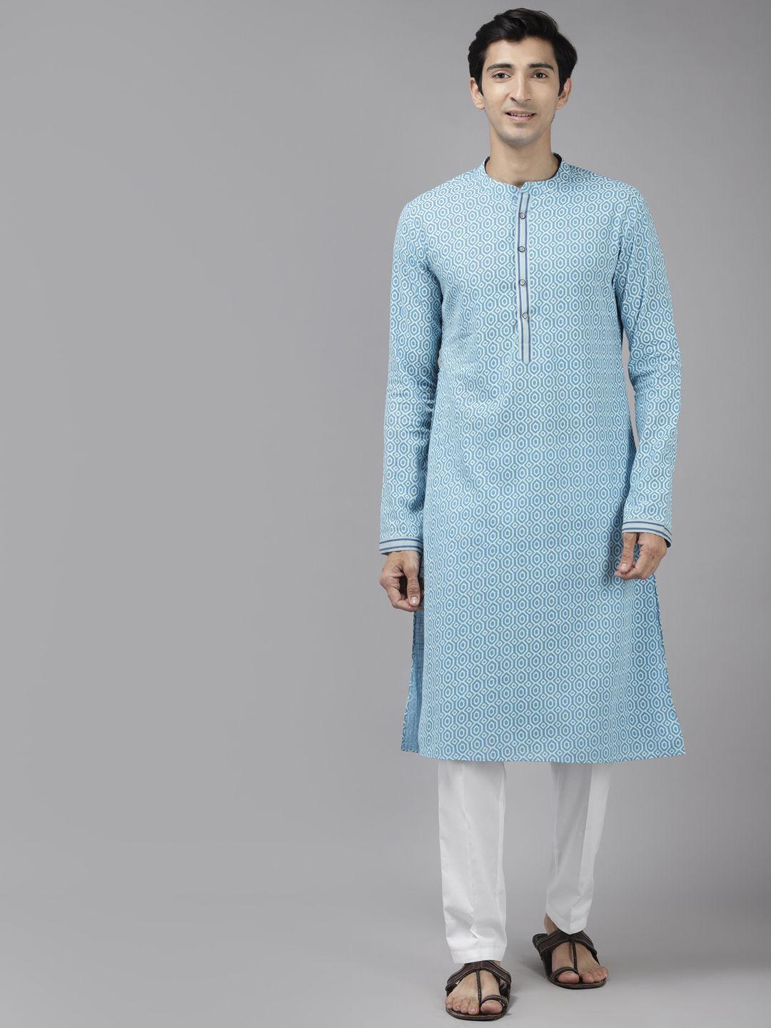 see designs men blue printed pure cotton kurta with trousers