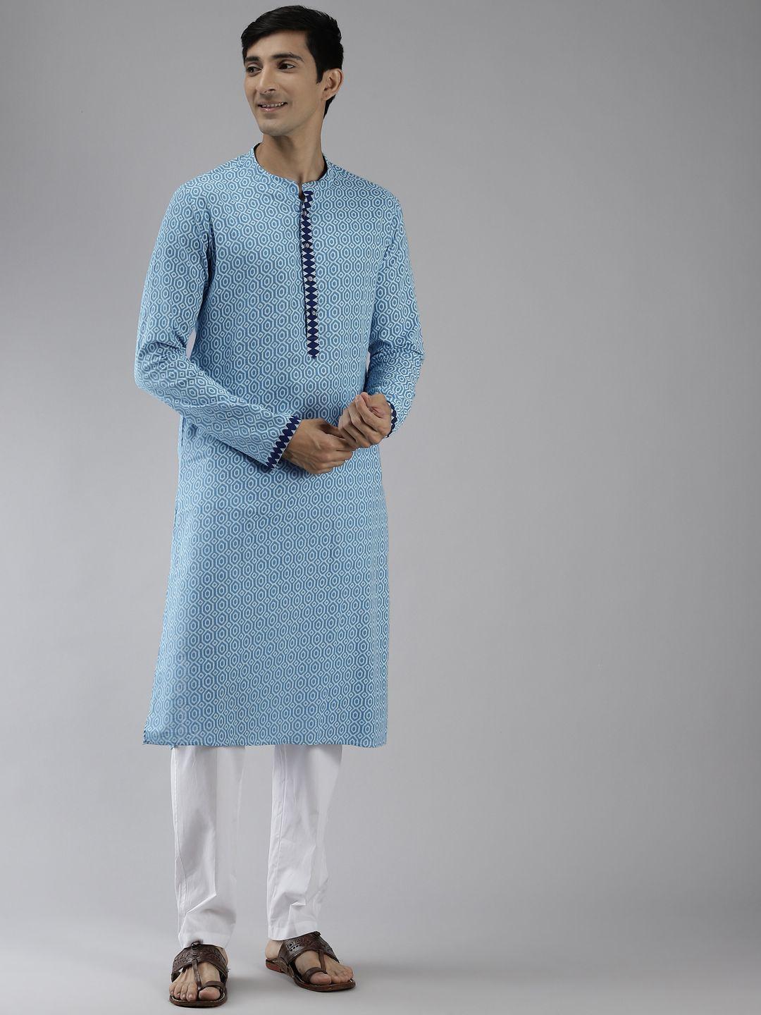 see designs men blue printed pure cotton kurta with trousers