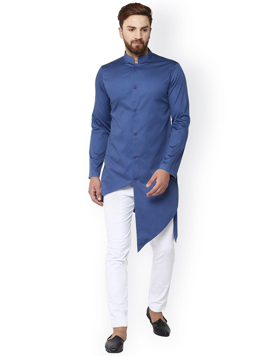 see designs men blue solid straight kurta