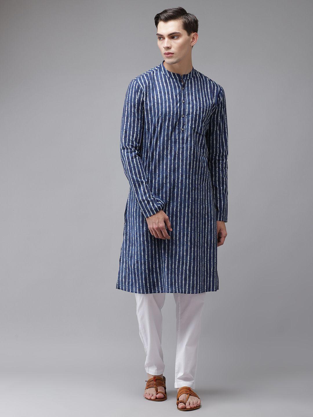 see designs men blue striped regular pure cotton kurta with pyjamas