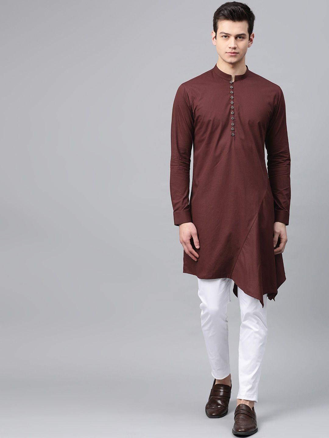 see designs men burgundy solid a-line asymmetric kurta