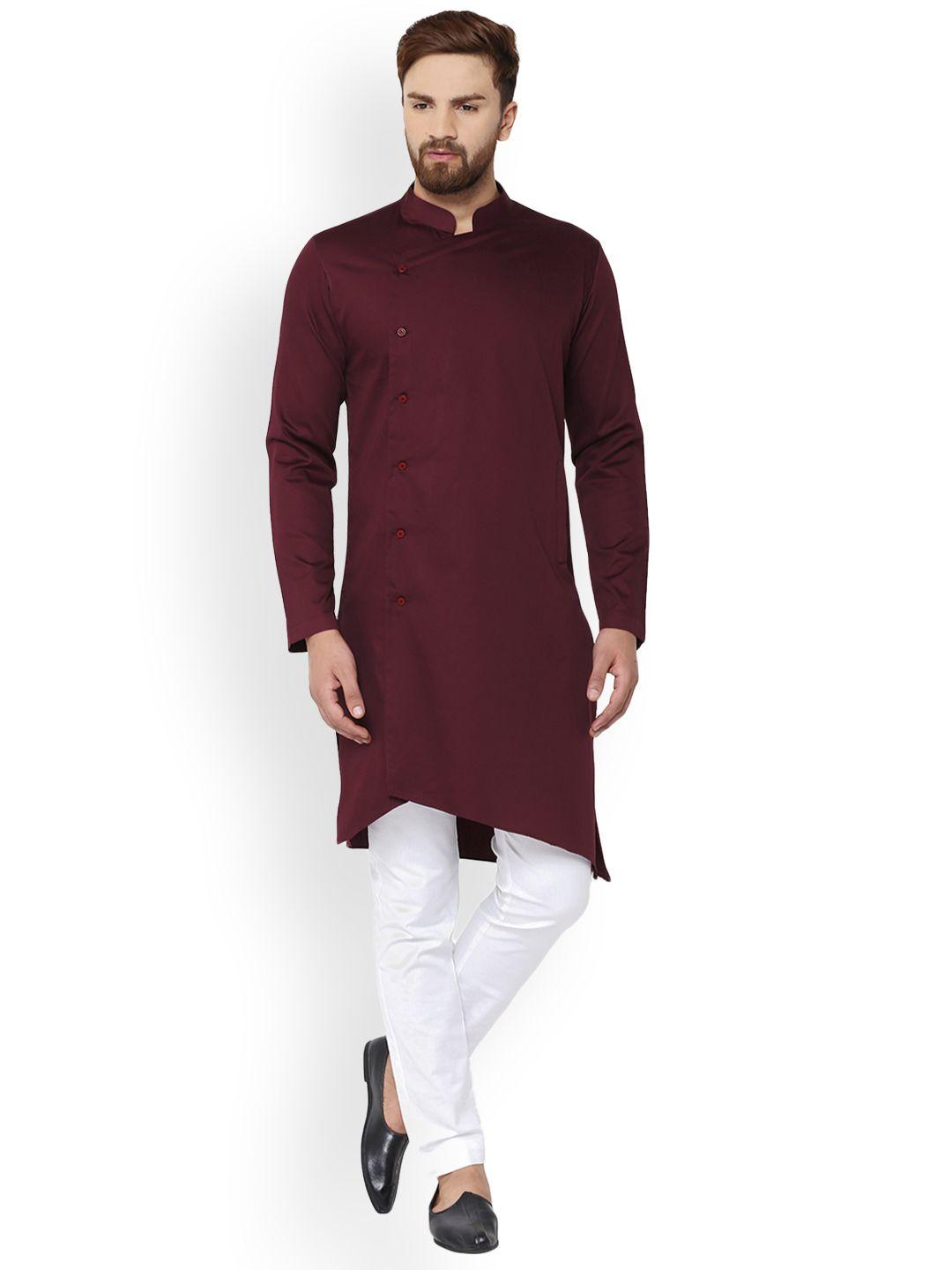 see designs men burgundy solid asymmetrical hem straight kurta