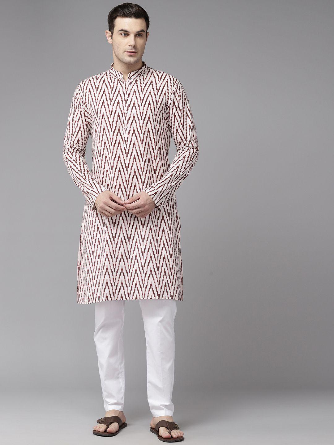 see designs men chevron printed mandarin collar pure cotton kurta with pyjamas