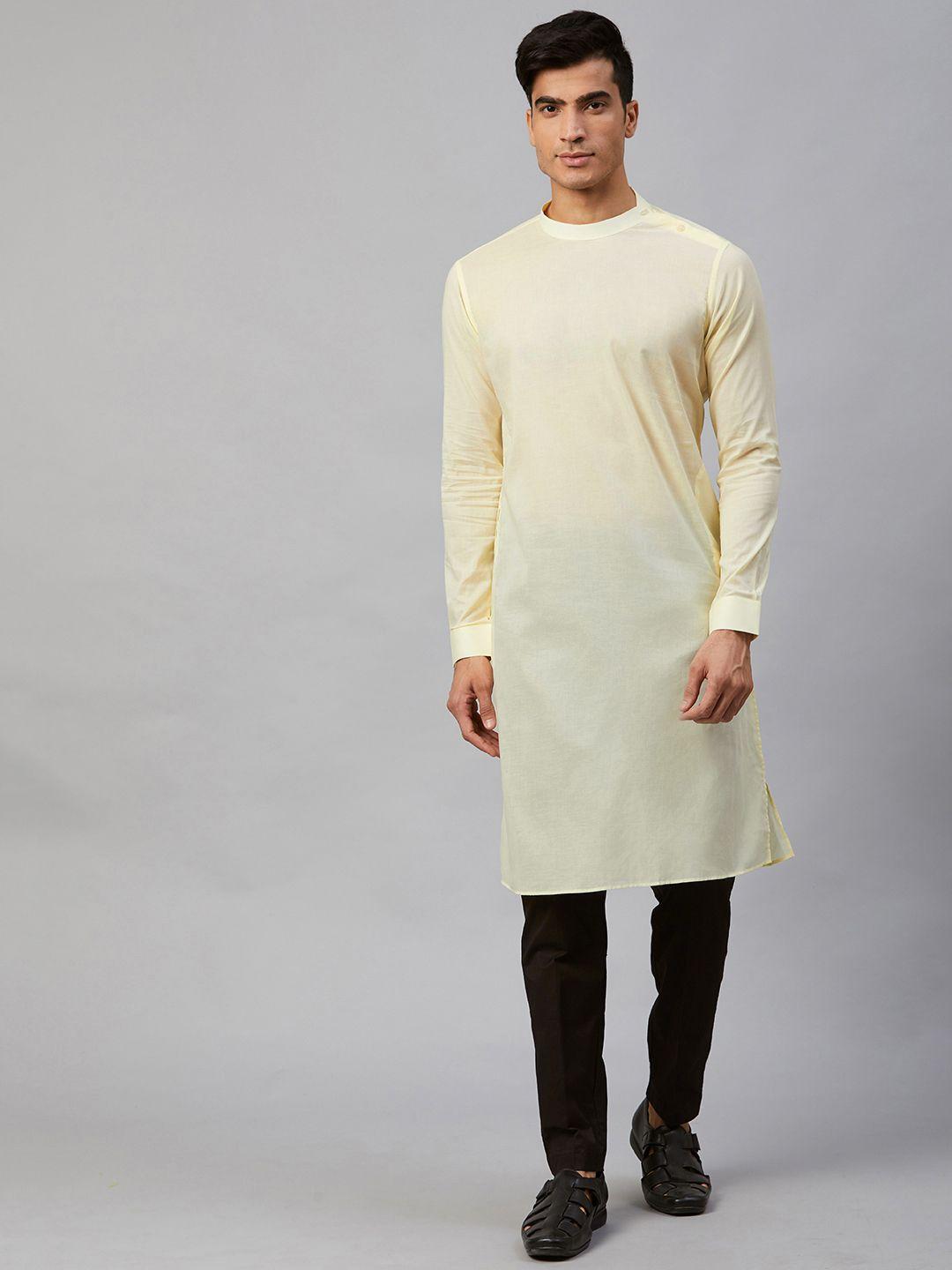 see designs men cream-coloured solid straight kurta