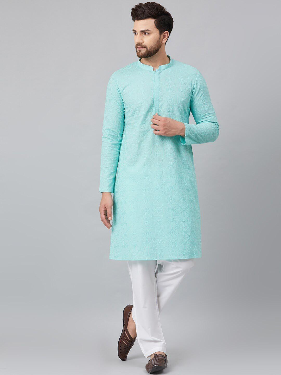 see designs men floral chikankari embroidered pure cotton kurta with pyjamas