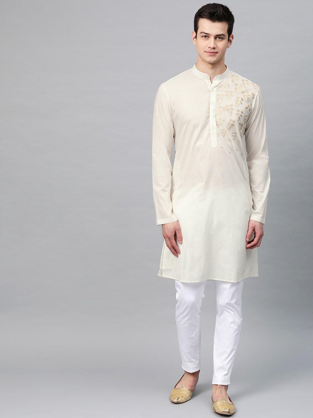 see designs men floral embroidered pure cotton kurta with pyjamas