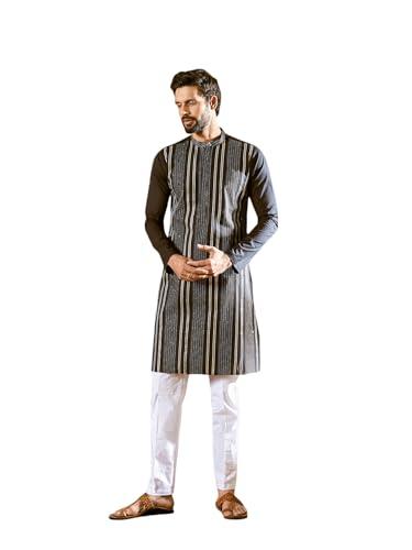 see designs men full sleeve black cotton pintex design sequins mandarin collar side slit kurta with pyjama - sd2kt_245701xs