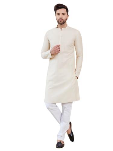 see designs men full sleeve side slit cream cotton solid straight mandarin collar kurta - sdkt2413m