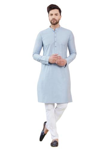 see designs men full sleeve sleeve side slit mandarin collar blue cotton solid straight kurta with pyjama - sdkt248401xl