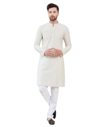 see designs men full sleeve sleeve side slit mandarin collar cream cotton solid straight kurta with pyjama - sdkt247501l