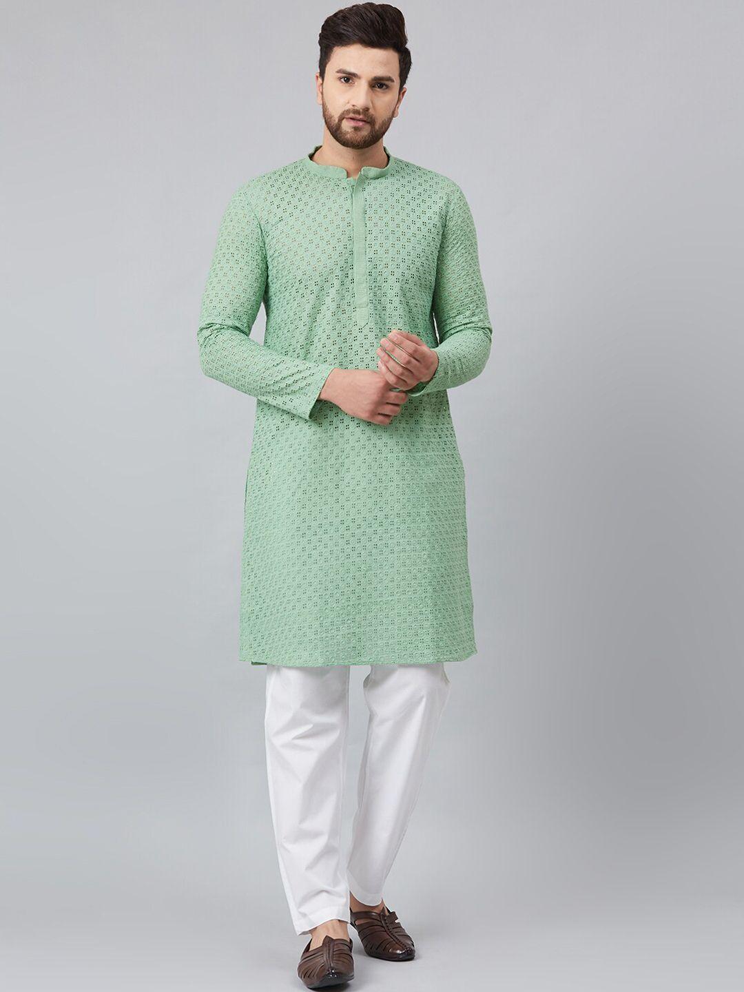 see designs men green chikankari embroidered cotton kurta