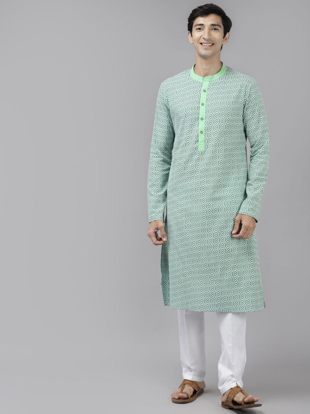 see designs men green printed pure cotton kurta with trousers