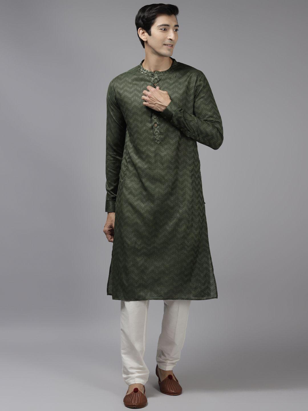 see designs men green thread work kurta with trousers