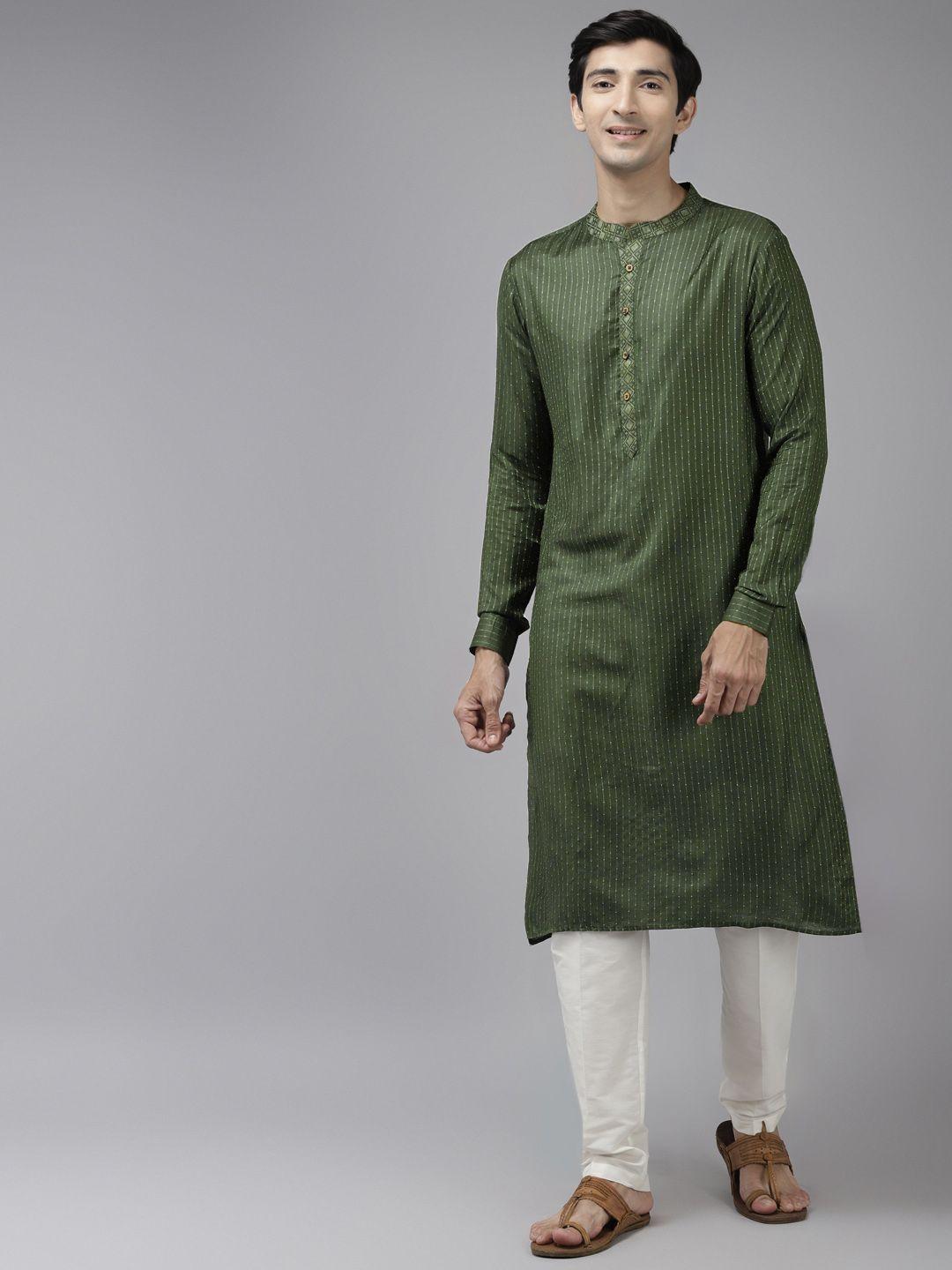 see designs men green thread work kurta with trousers