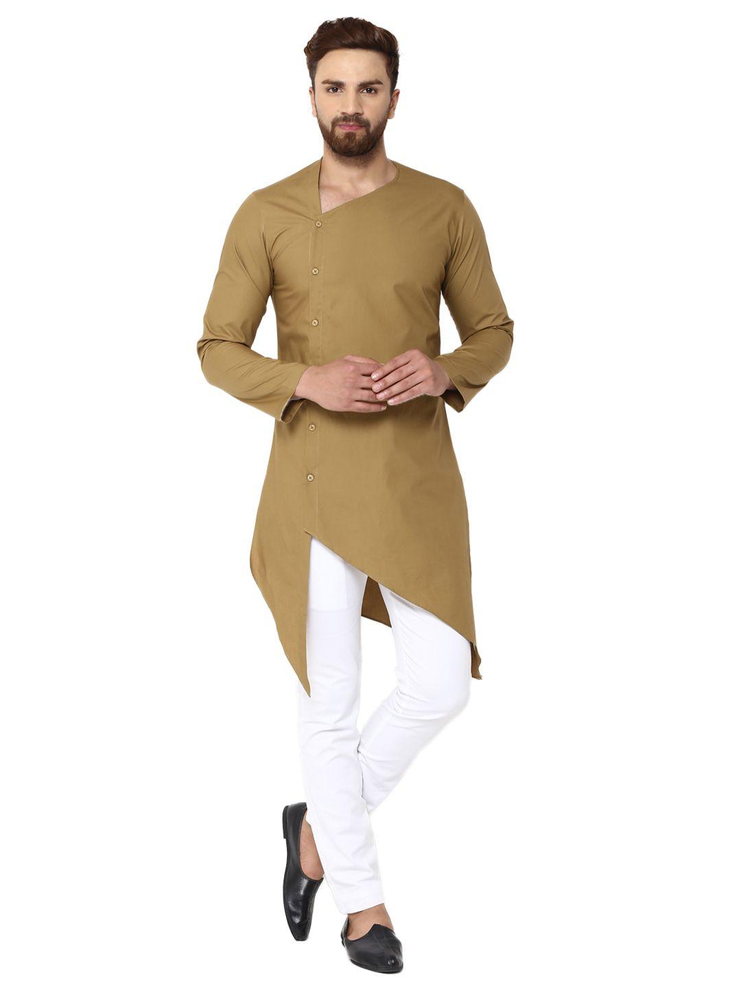 see designs men khaki & white solid kurta with pyjamas