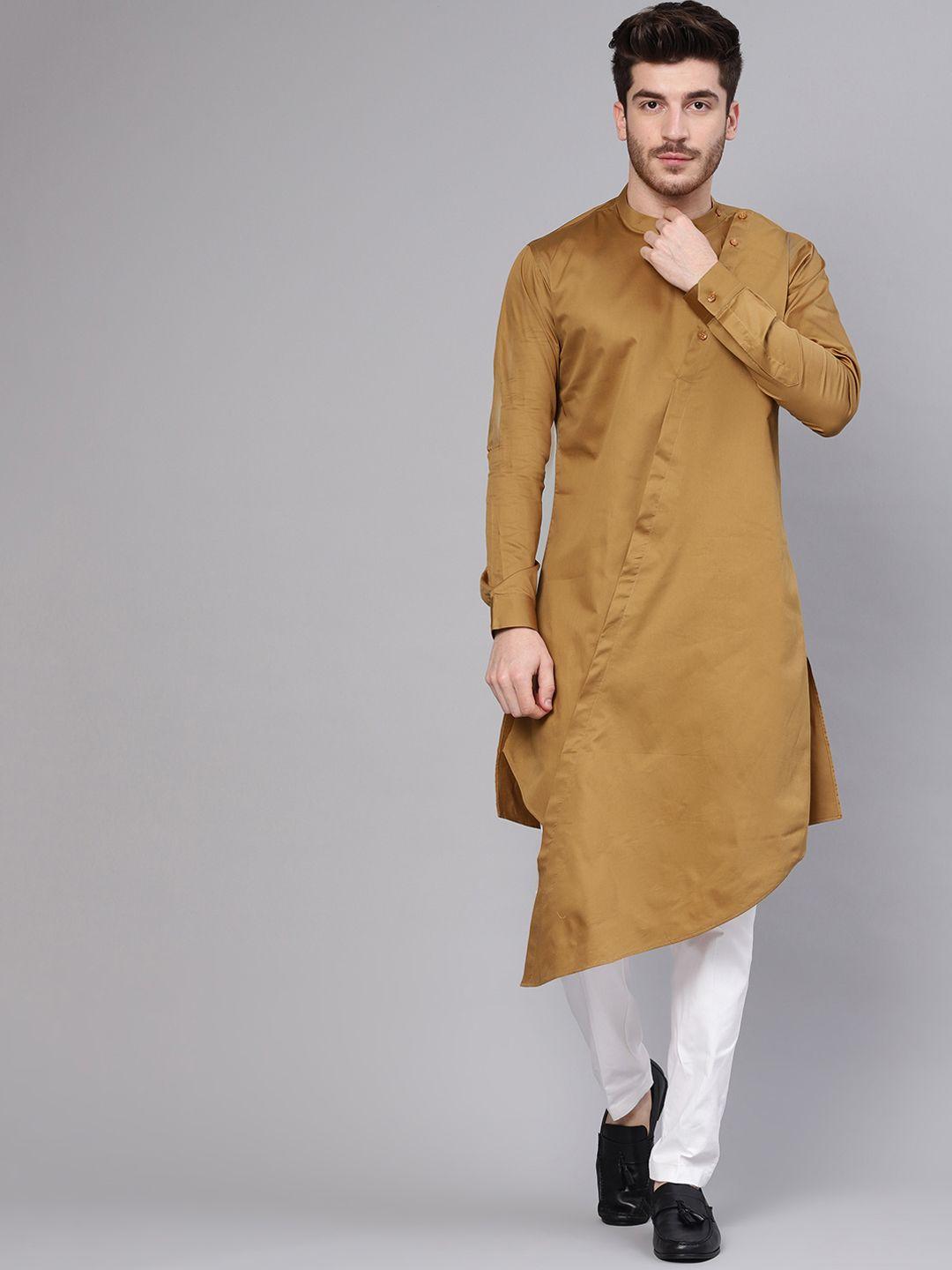 see designs men khaki & white solid kurta with trousers