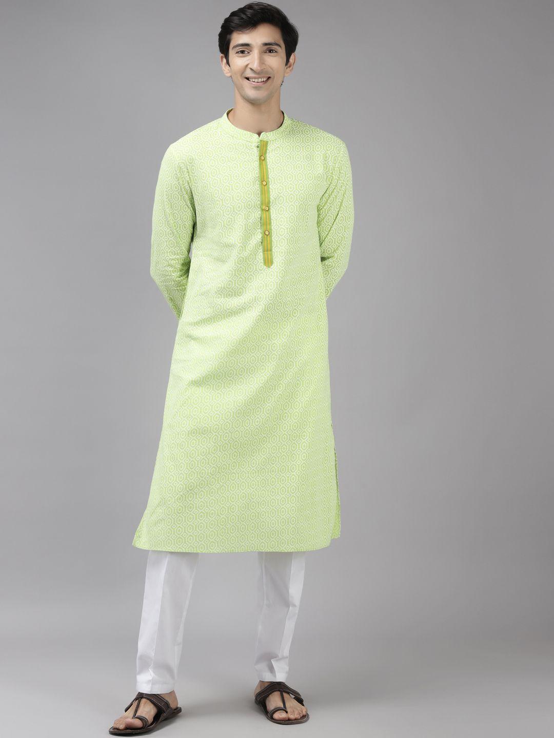 see designs men lime green printed pure cotton kurta with trousers