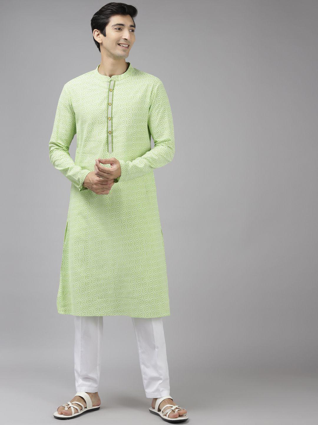 see designs men lime green printed pure cotton kurta with trousers