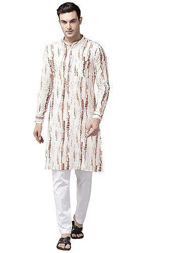 see designs men mandarin collar white & orange pure cotton printed staright full sleeve kurta with pajama - sd2mkt_122001m