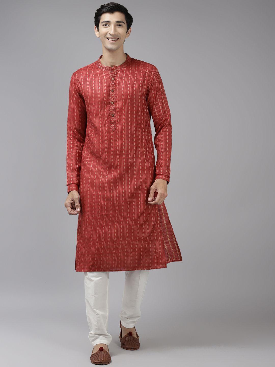 see designs men maroon thread work kurta with trousers