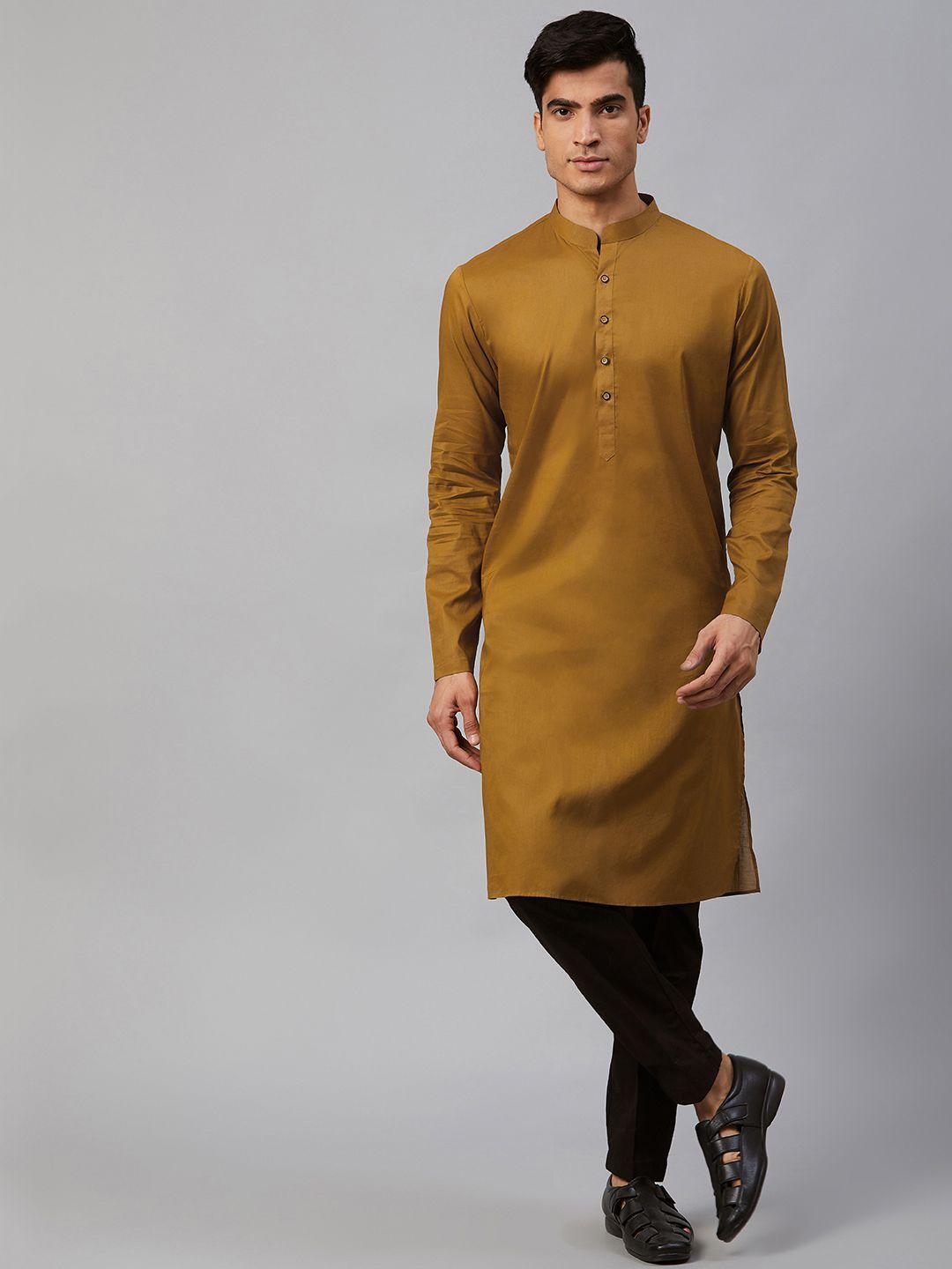 see designs men mustard brown solid straight kurta