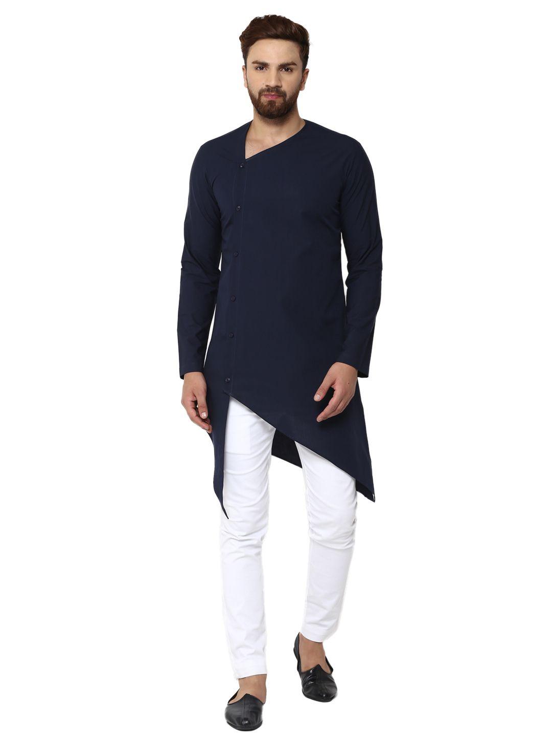 see designs men navy blue & white solid kurta with pyjamas