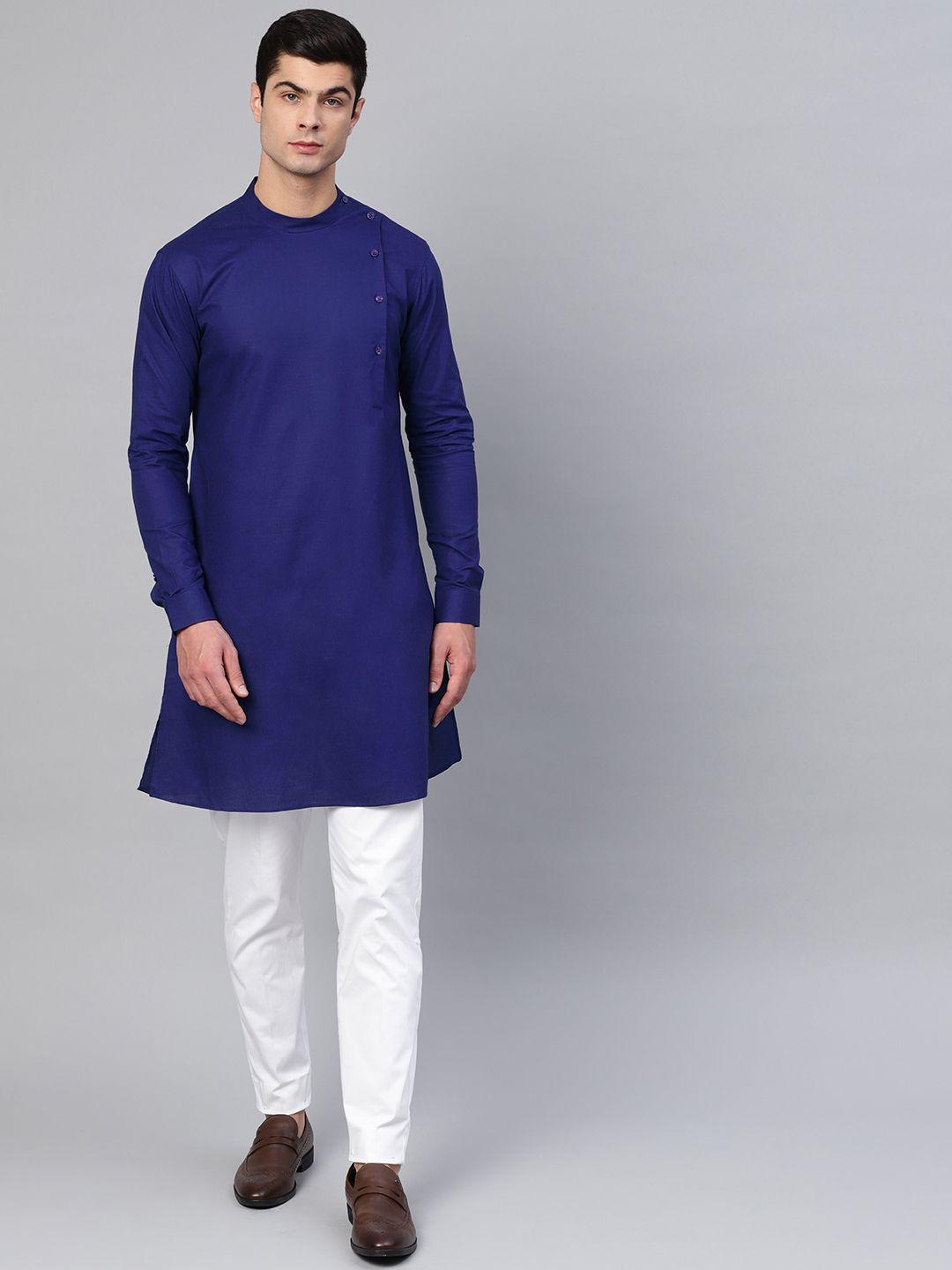 see designs men navy blue woven design straight kurta