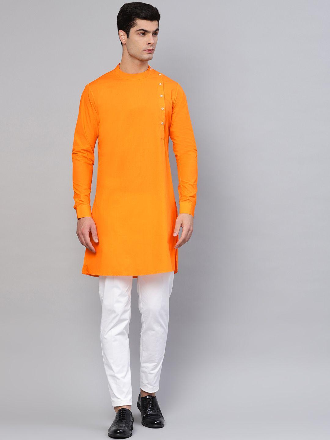 see designs men orange & white solid kurta with trousers