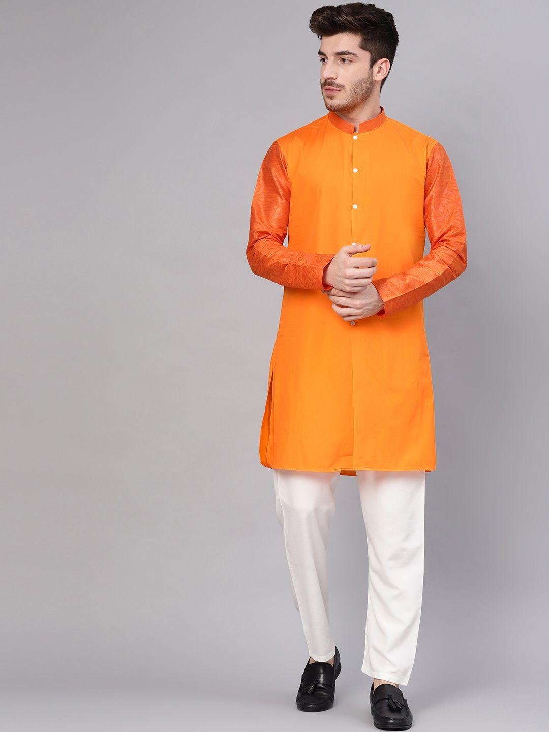 see designs men orange & white solid kurta with trousers