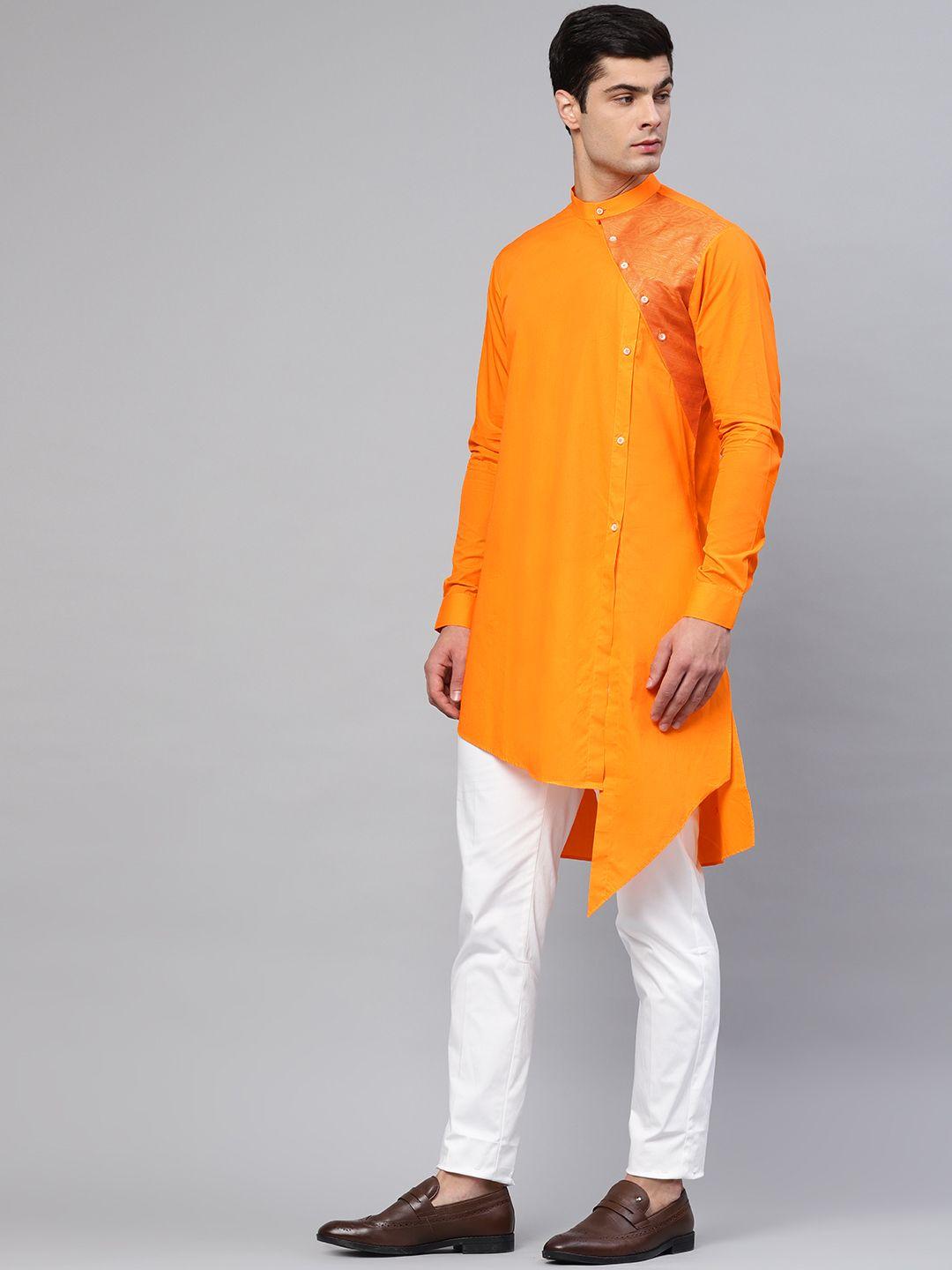 see designs men orange solid straight kurta