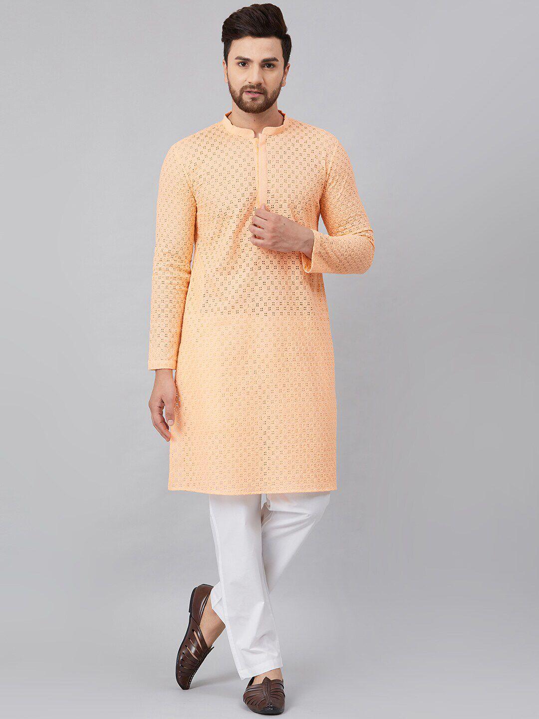 see designs men peach & white chikankari embroidered kurta with pyjamas