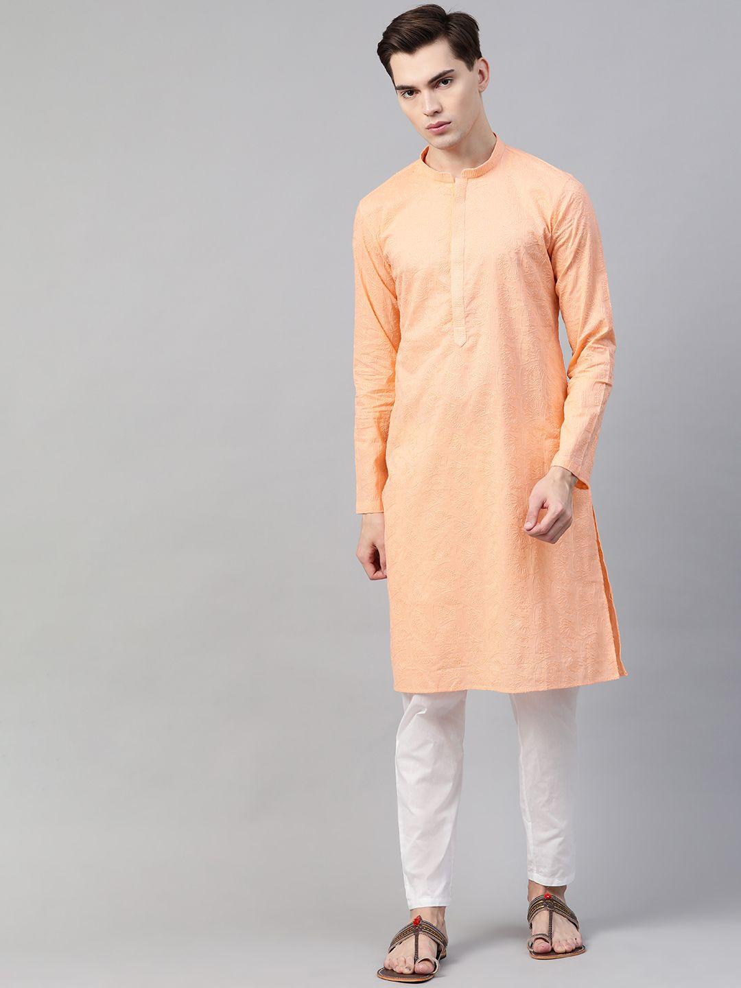 see designs men peach-colour pure cotton chikankari embroidered straight kurta