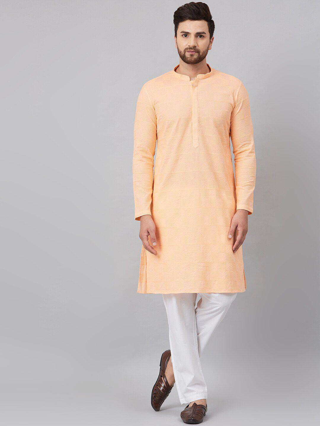 see designs men peach-coloured & white embroidered chikankari cotton kurta with pyjamas