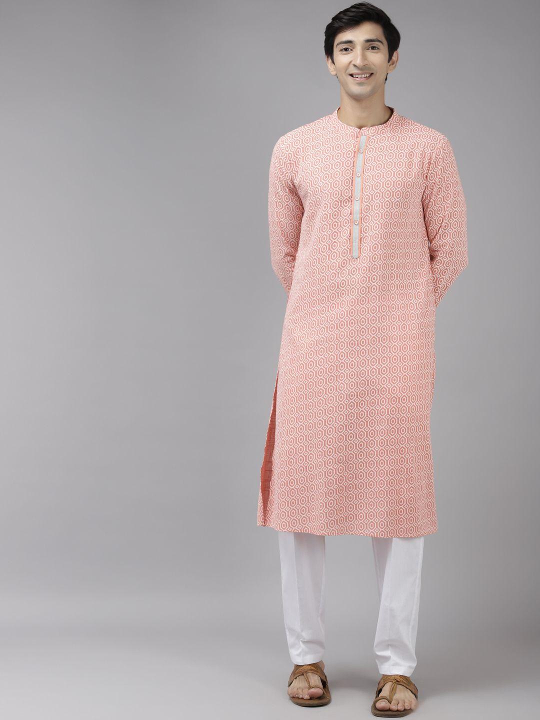 see designs men peach-coloured printed pure cotton kurta with trousers