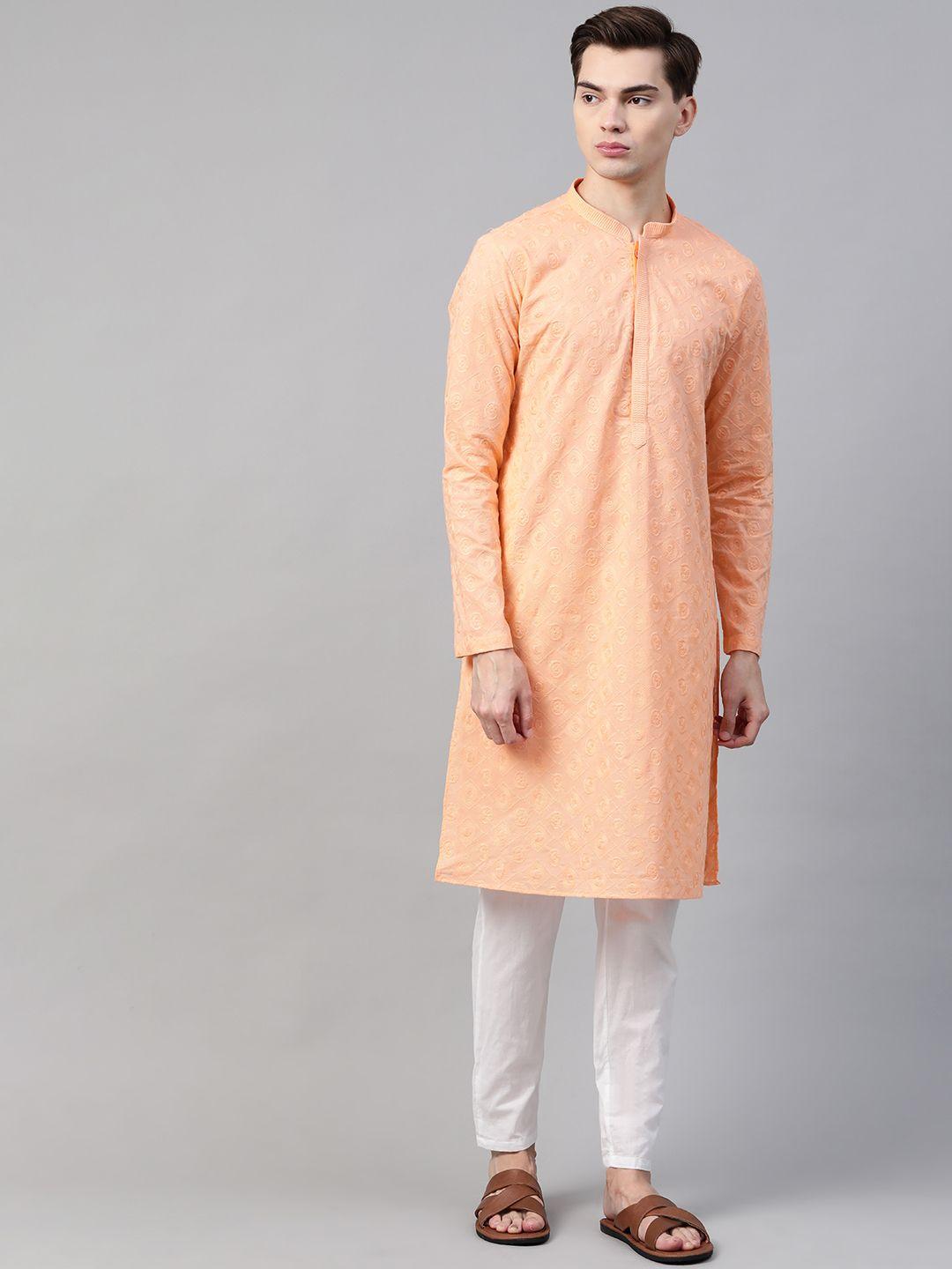see designs men peach pure cotton chikankari embroidered straight kurta